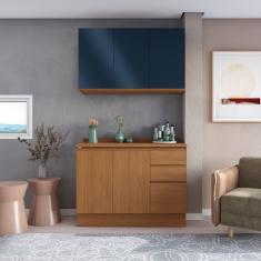 Kit de Cozinha 2 Balcões com Tampo de Madeira Canela/Azul