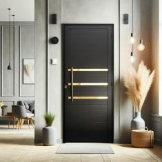 Porta De Aluminio Lambril 210x100cm Frisada Com Puxador Super Brimak Preto Dourado