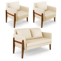 Kit 1 Sofá Namoradeira e 2 Poltronas Lana Corino Bege Base de Madeira - D'Rossi