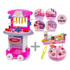 Kit Cozinha Infantil Completa Com Fogão E Forno Play Time + Mini Mercado E Bolo De Aniversário