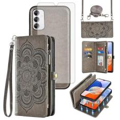 Asuwish Capa de celular para Samsung Galaxy A14/M14 5G carteira com zíper destacável com protetor de tela de vidro temperado alça transversal mandala flor porta-cartão A 14 4G 14A 14M G5 mulheres