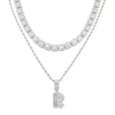 HH BLING EMPIRE Colar de corrente com pingente de letra inicial de diamante de zircônia cúbica gelada de prata, corda com pingente e corrente de tênis baguete | 2 conjuntos de colares, Zircônia