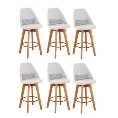 Kit 06 Banquetas Alta Maya Giratória Com Encosto Gourmet Linho Bege e Almofada Zigzag - Aurora Line