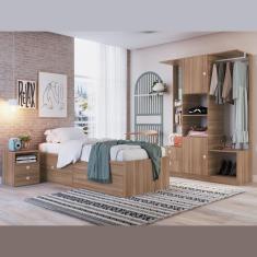 Kit Conjunto Quarto Cama Solteiro 80 4 Portas Mesa de Cabeceira Guarda Roupa Espelho Marrom Madeira