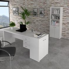Conjunto Home Office 3 Peças Escrivaninha 3 Gavetas Estante e Balcão 2 Portas Espresso Móveis Branco