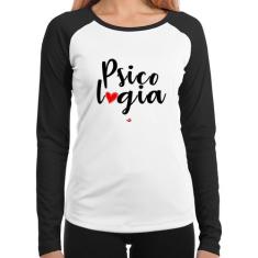 Baby Look Raglan Psicologia por amor Manga Longa - Foca na Moda, Branc