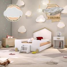 Cama Infantil com Colchão e Escadinha Juvenil Ayla Branca e Natural + Luminária Led