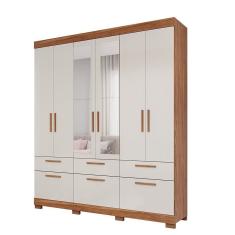 Guarda-roupa Casal Com Espelho 6 Portas De Bater 1 Basculante 5 Gavetas Mdf Coimbra Espresso Móveis Cinamomo-off White