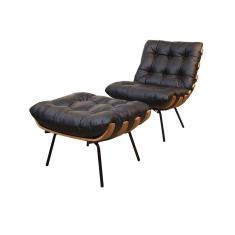 Poltrona E Puff De Couro Costela Preto Pigmentado - Mempra