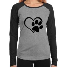 Baby Look Raglan Coração Patinha Manga Longa - Foca na Moda, Cinza, Pr