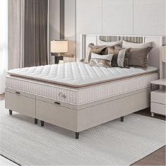Cama Box Colchão Baú Casal King Molas Ensacadas City Pillow Top 193x203x64cm Bege Branco