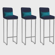 Kit 03 Banqueta Alta com Encosto Lucca Industrial Cozinha Balcão Ferro Cinza Suede Azul Marinho e Almofada Azul Turquesa - Ahazzo Móveis