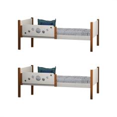 Kit 2 Camas Infantil Solteiro Star - Branco/Castanho Claro - Divaloto Móveis