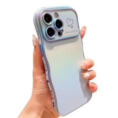 phylla Capa de telefone para iPhone 16 Pro Max 5g 17.5 cm linda moldura ondulada encaracolada luxuosa banhada a laser iridescente amor corações padrão arco-íris capa de proteção de lente levantada