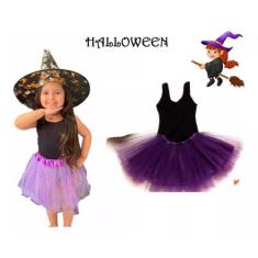 Fantasia Bruxa Infantil Body preto e saia de tule roxa com chápeu do t