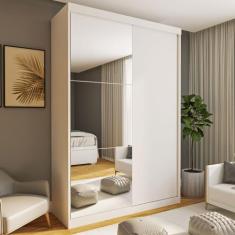 Guarda Roupa Solteiro Premium Cléo 138cm com Espelho 2 Portas 2 Gaveta