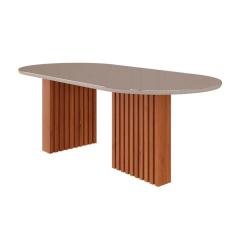 Mesa p/ Cozinha Ester c/ Tampo Madeirado c/ Vidro Oval 210x100cm Cinamomo/Off White - Cimol