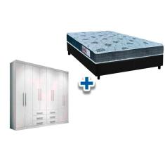 Cama Box Casal + Colchão D45 Cecina + Guarda Roupa Master 8.6 Branco