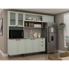 Cozinha Completa Com Cristaleira Forno 100% Mdf Iluminata Verde Mint-ébano Fosco