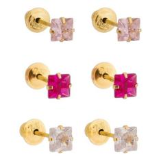Brinco Ouro 18k Pedra Quadrada 3mm Infantil 2º Furo Bebê Branco Vermel