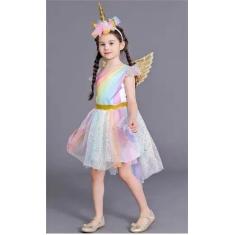 Vestido Fantasia Infantil Luxo Temático de Unicórnio Colorido com Aces