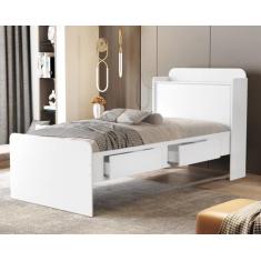 cama solteiro tamires com duas gavetas e prateleira e bau para quarto 