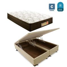 Cama Box casal com baú bege bi partido suede + Colchão Molas Bonnel 1,38 x 1,88 x 24 cm