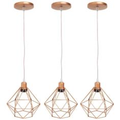 Kit 3 Pendente Aramado Diamante Luminárias Lustre Cabo Cristal P Teto Retrô Agp Ilumini Industrial