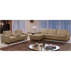 Kit Sofá 3 Lugares 2,10m com Chaise Esquerdo e 2 Poltronas Living Lavinia Linho Bege Adonai Estofados