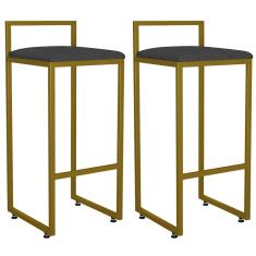 Kit 02 Banquetas Altas Para Cozinha Sala De Jantar Hanna L02 Dourado Linho Chumbo - Lyam Decor