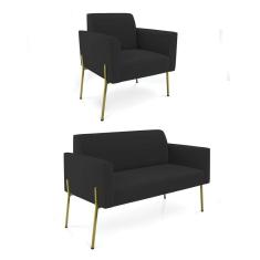 Sofá Namoradeira E Poltrona Pé De Ferro Dourado Salão Marisa Veludo Preto D03