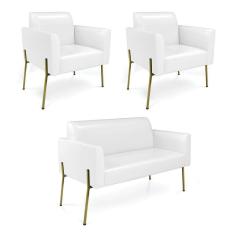 Sofá Namoradeira E 2 Poltronas Pé De Ferro Dourado Marisa Corano D03 Branco