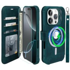 VANAVAGY Capa Carteira Compatível com iPhone 16 Pro, Pulseira Flip de Couro, Proteção Múltipla, Compartimentos para Cartões, Carregamento Sem Fio Magsafe