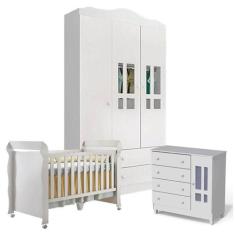 Quarto De Bebê Ariel 3 Portas Com Berço Mirelle Branco Brilho - Caroli