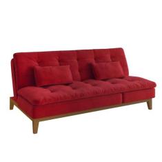 Sofá-Cama 3 Lugares Casal Amanda com Pés de Madeira Suede Vermelho - M