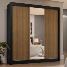 Guarda-roupa Casal 3 Portas Correr 4 Gavetas Preto/Rústico