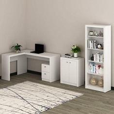 Conjunto Home Office 3 Peças 1 Escrivaninha em L 1 Estante e 1 Balcão 2 Portas Tecno Mobili Branco