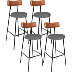 Kit 04 Banquetas Alta Bar Cozinha Sala Jantar Milão L02 Couríssimo Camel Cinza Escuro - Lyam Decor