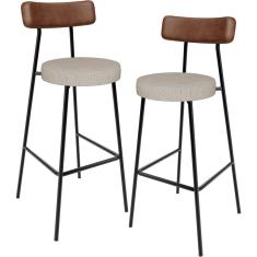 Kit 02 Banquetas Alta Cozinha Bar Sala Jantar Milão L02 Couríssimo Marrom Linho Bege - Lyam Decor