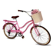 Bicicleta feminina aro 26 com cestinha tpo vime retrô 6v bg