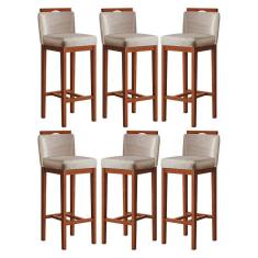 Kit 6 Banquetas Alta Estofada com Encosto 38x102 Cm Líbia Madeira Maciça Suede Bege CCS