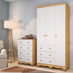 Quarto Infantil Guarda Roupas 3 Portas Cômoda 4 Gavetas Mimo 100% MDF Espresso Móveis Branco Brilho/Amêndoa