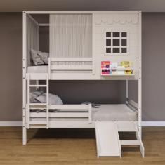 Beliche Casinha Reta com Grade Removível Escorregador e Cortina Madeira Maciça Branco Housin