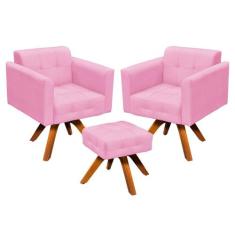 Kit 02 Poltronas Giratória Elisa e 01 Puff Suede Base Madeira MM30 D'R