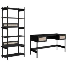 Mesa Escrivaninha E Estante Pés Madeira Arlo A10 Nero-preto - Mpozenato