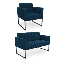 Sofá Namoradeira E Poltrona Industrial Preto Elisa Bouclê D03 - D'rossi Cor Azul