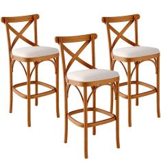 Kit 03 Banquetas Altas Cozinha Bancada Bar Sala de Jantar Estofada Ávila L02 Linho Cru - Lyam