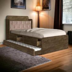 Cama Tamires Baú Castanho Com Auxiliar E Capitonê Bege