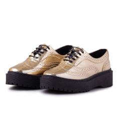 Tenis Oxford Plataforma Couro Feminino Metalizado Cadarço Solado Borracha Bico Redondo
