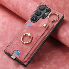 Capa de telefone com suporte de anel para Samsung Galaxy S21 S20 FE S24 S23 S22 Ultra S10 Plus S9 S8 Capa magnética de couro com compartimento para cartão, vermelha, para Galaxy S22 Plus